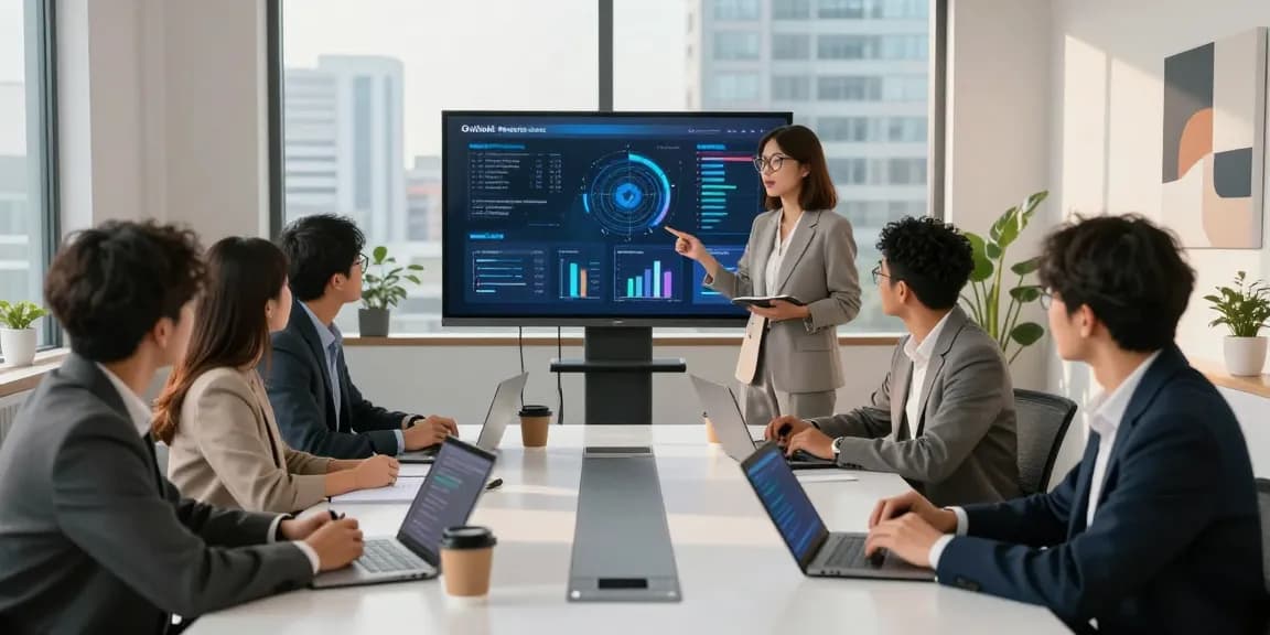 AI for business: Diverse team collaborating in a modern office with digital analytics displays.