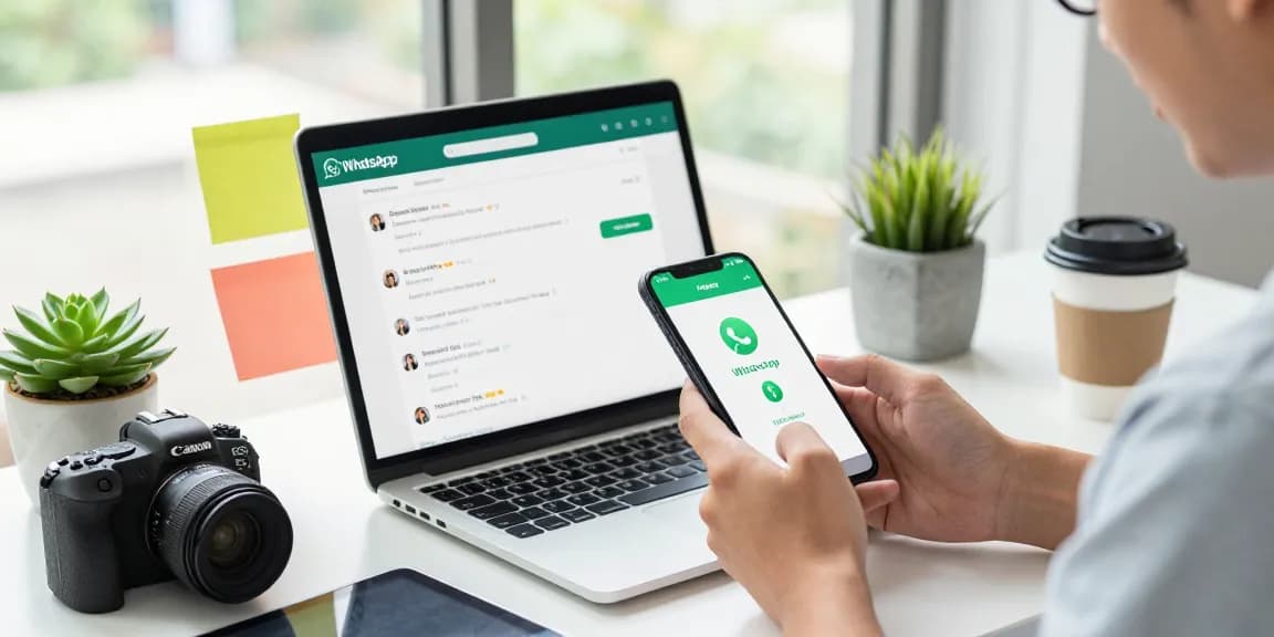 WhatsApp下載 screen on smartphone in a modern workspace, illustrating digital communication.