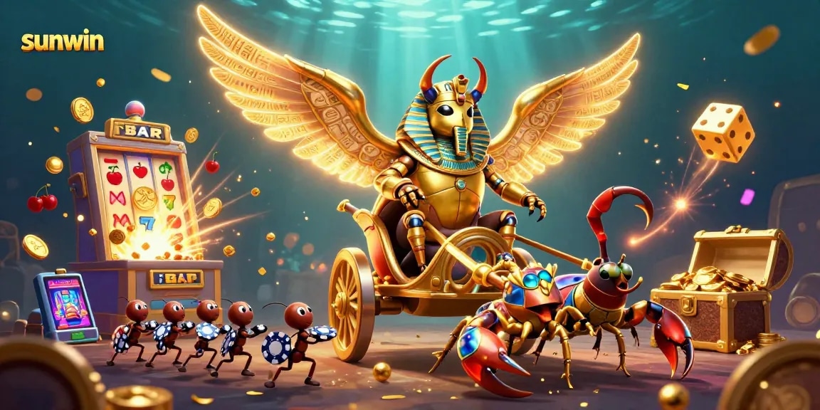 Experience thrilling wins at sunwin with a vibrant casino scene featuring a golden scarab and slot machine.