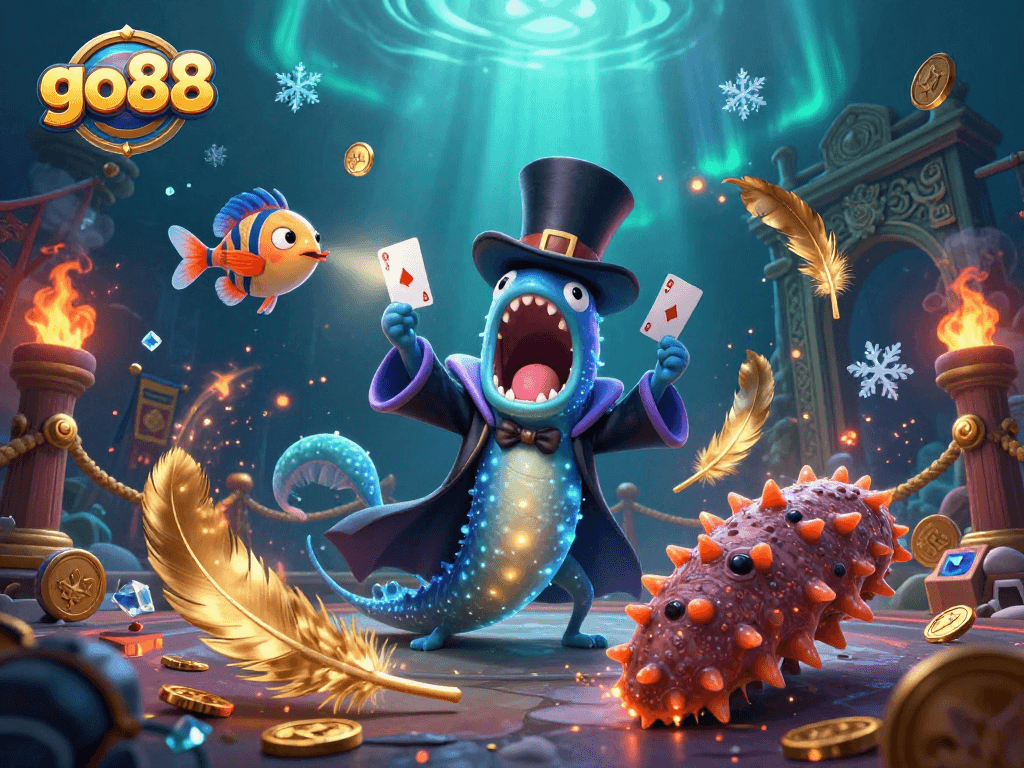 Experience thrilling go88 gameplay with vibrant casino-themed undersea magic scene featuring unique characters.