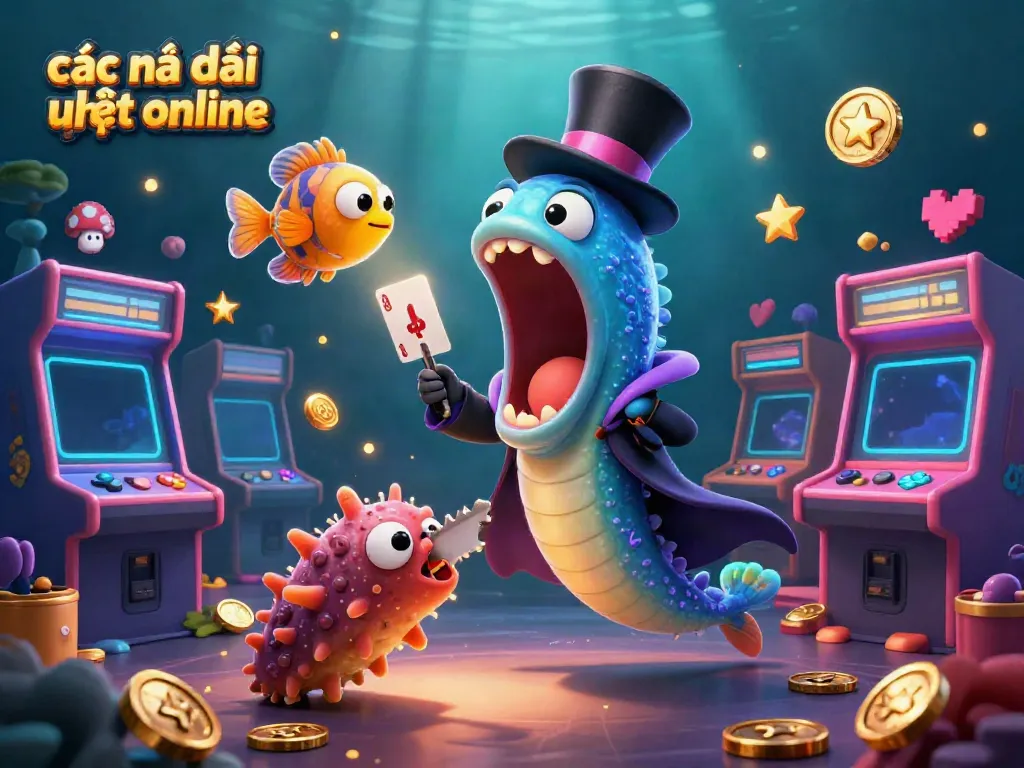 Engaging illustration of các nhà cái uy tín online featuring unique characters performing magic tricks in a vibrant casino-themed scene.