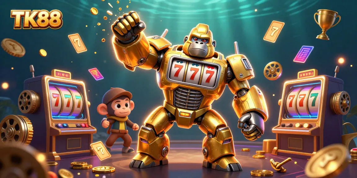 Experience thrilling casino action with TK88's golden gorilla mech and vibrant slot reels