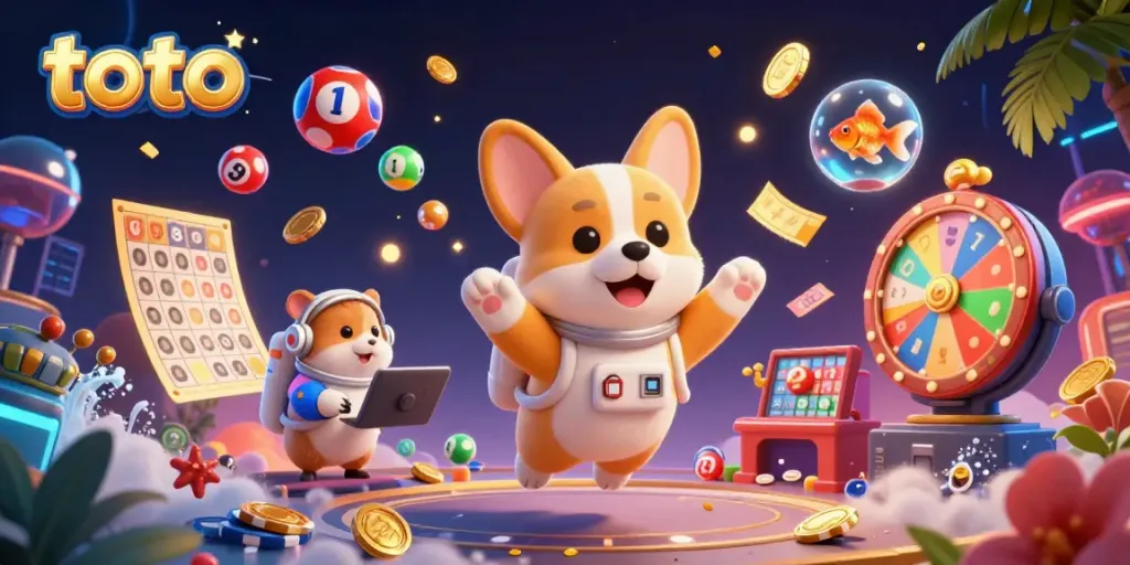 Experience thrilling casino action with toto in a vibrant space station scene, featuring 3D characters and dynamic elements.
