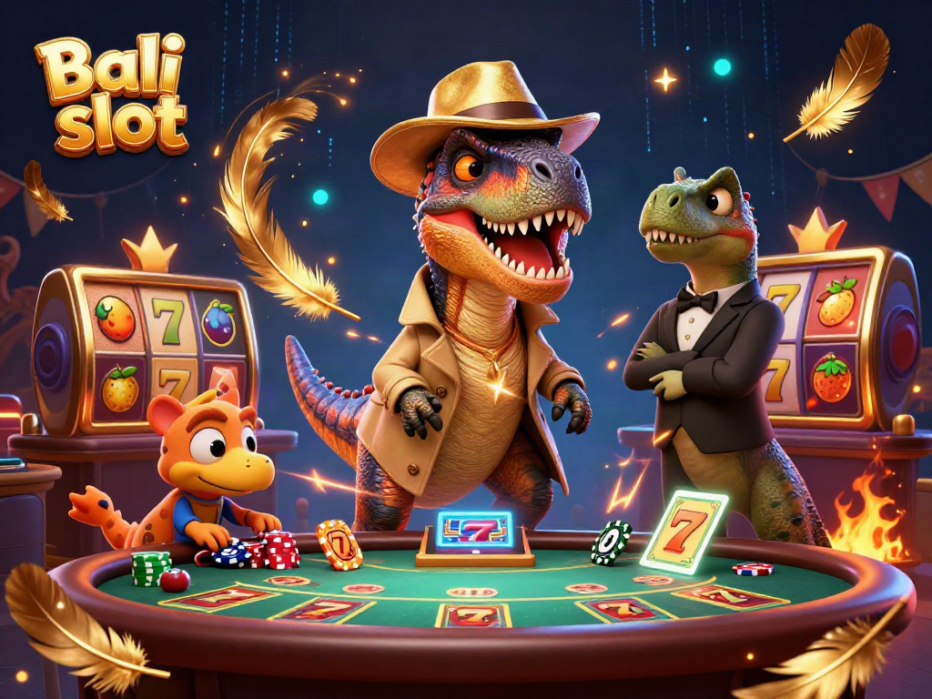 Bali slot scene featuring a velociraptor card counter with a stegosaurus pit boss, playing blackjack among slot reels.