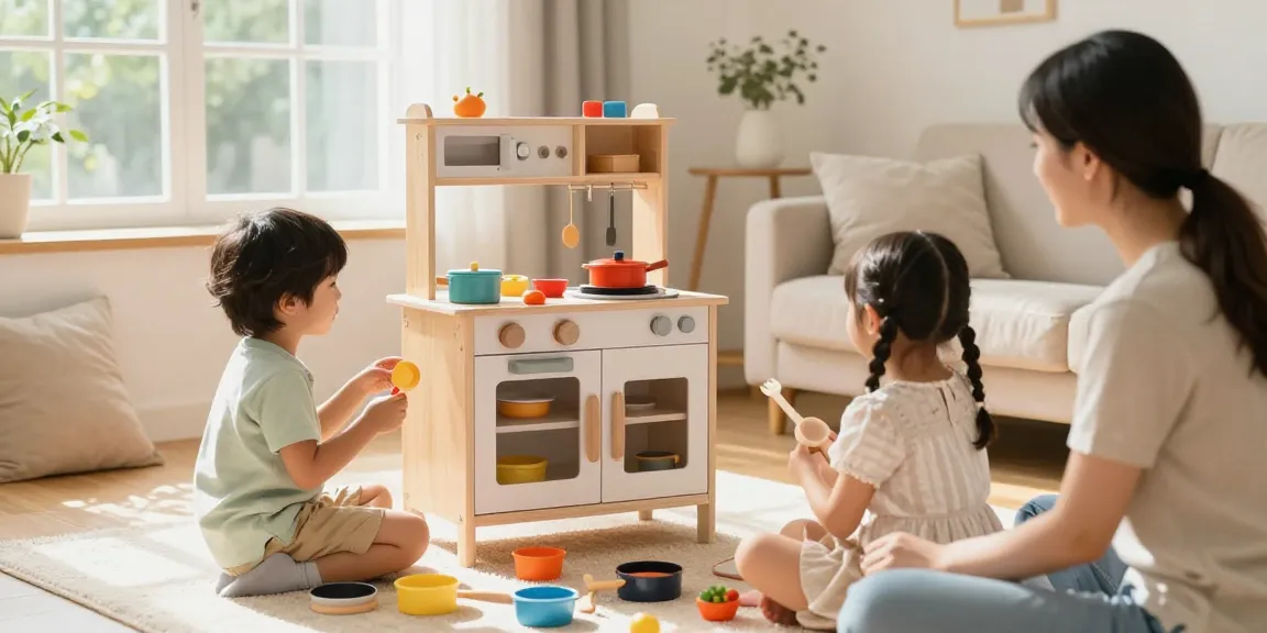 Wooden kitchen play set with children enjoying creative cooking activities in a cheerful living room.