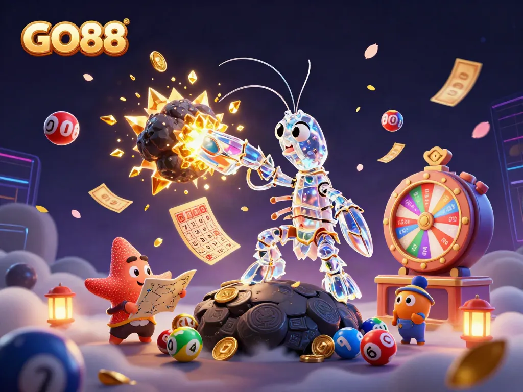 Experience thrilling action at GO88 with a samurai mantis shrimp and vibrant lottery elements.