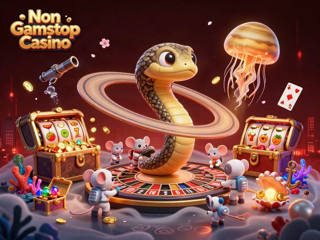 Experience thrilling gameplay at Non Gamstop Casino with astronaut mice betting on a cosmic roulette wheel.