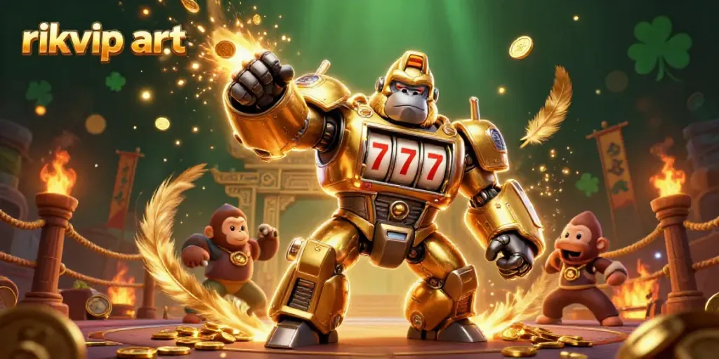 Experience thrilling action in rikvip art with an explosive game-themed illustration featuring a golden gorilla mech.