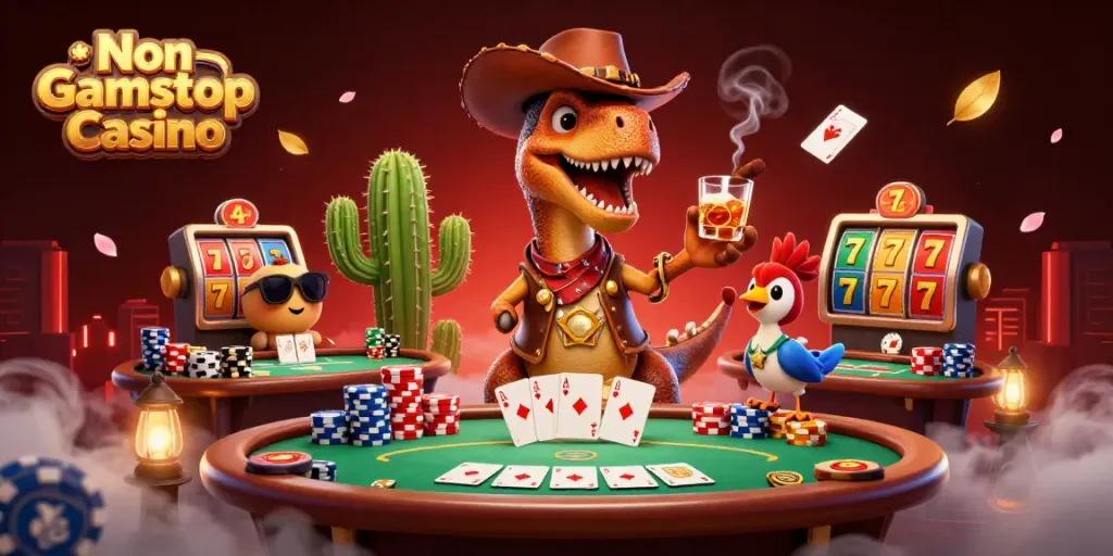 Engage with the Non Gamstop Casino scene featuring a cowboy dinosaur and poker elements.