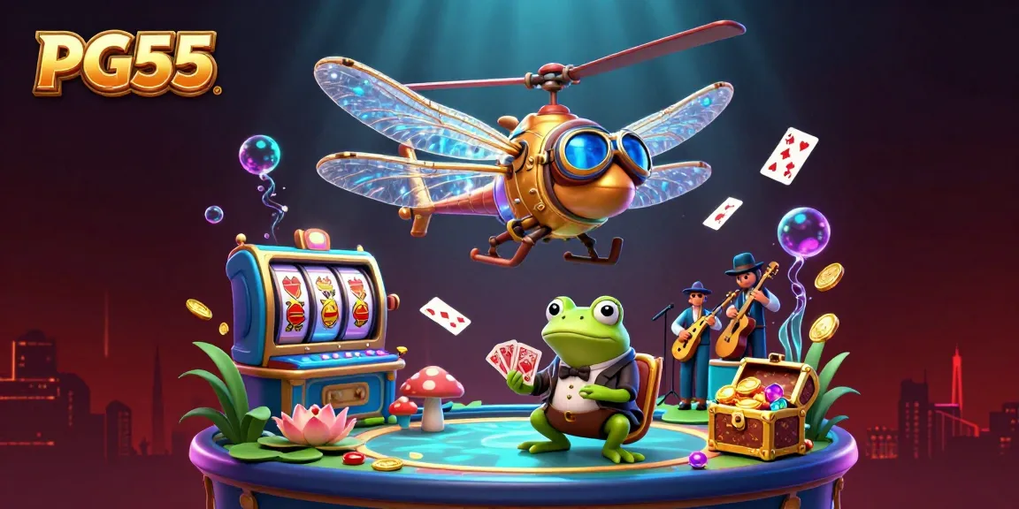 Experience PG55's vibrant casino atmosphere with a dragonfly pilot, frog croupier, and slot machine excitement.