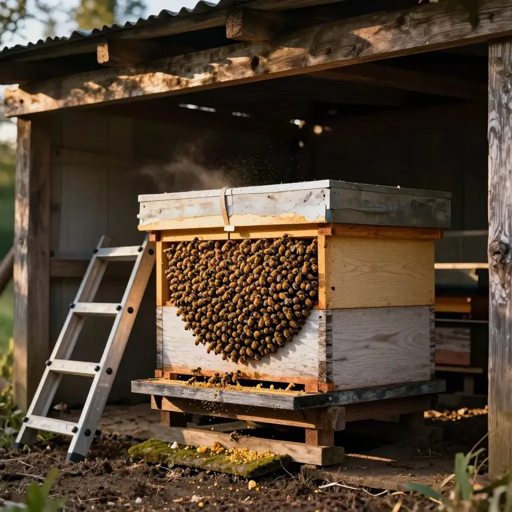 Contained bee swarm box under a shed eave with ladder and strap beside it in warm late-afternoon light.