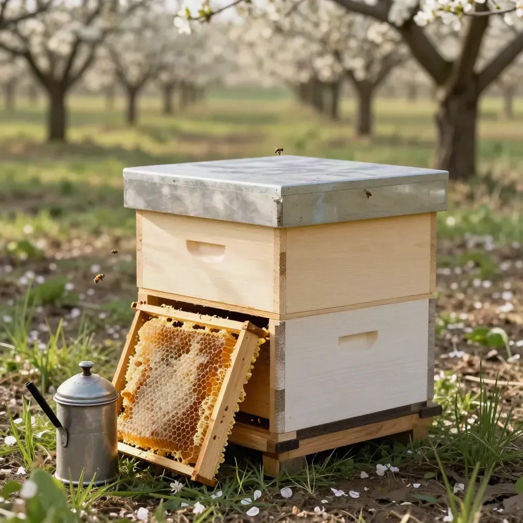 Open hive in a spring orchard with smoker, frames and roof beside it, bees in soft morning light.