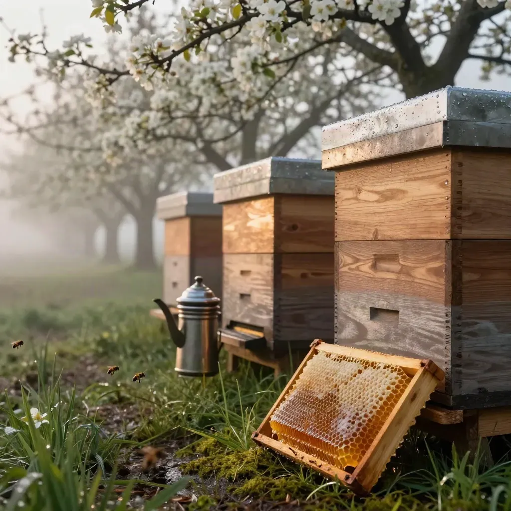 Orchard apiary at dawn with cedar hives, smoker, supers and honey comb in mist.