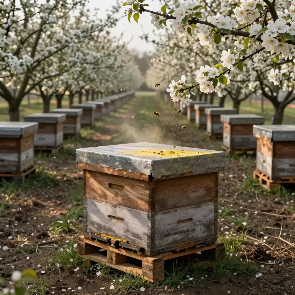 Beehives in a blooming orchard with bees drifting between rows and blossom.