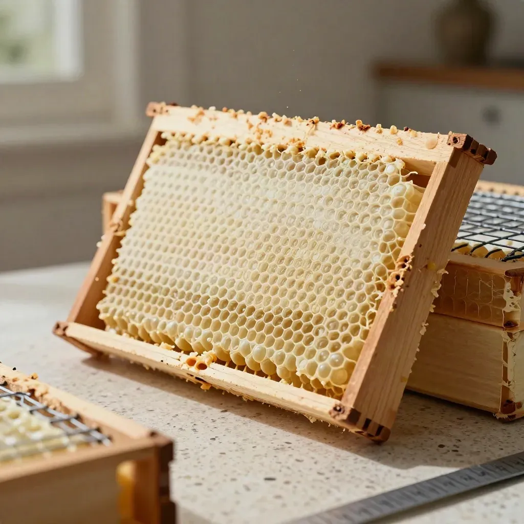 Brood frame, mite board and queen cage beside a hive body on travertine stone.