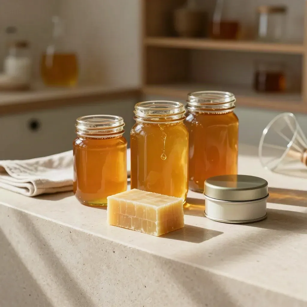 Raw honey jars, beeswax blocks and balm tins glowing on a pale stone ledge in warm daylight