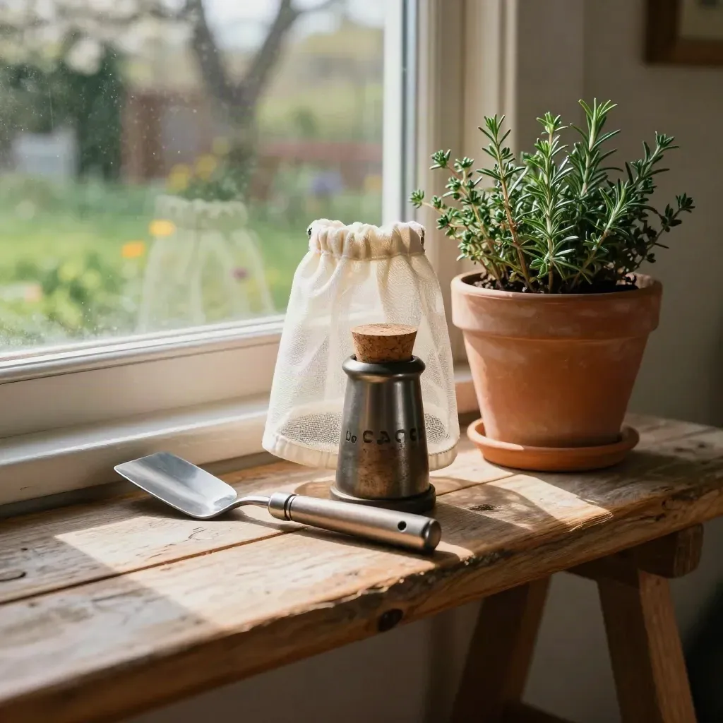 Starter hive kit on a garden bench with smoker, veil, and herbs in warm window light.
