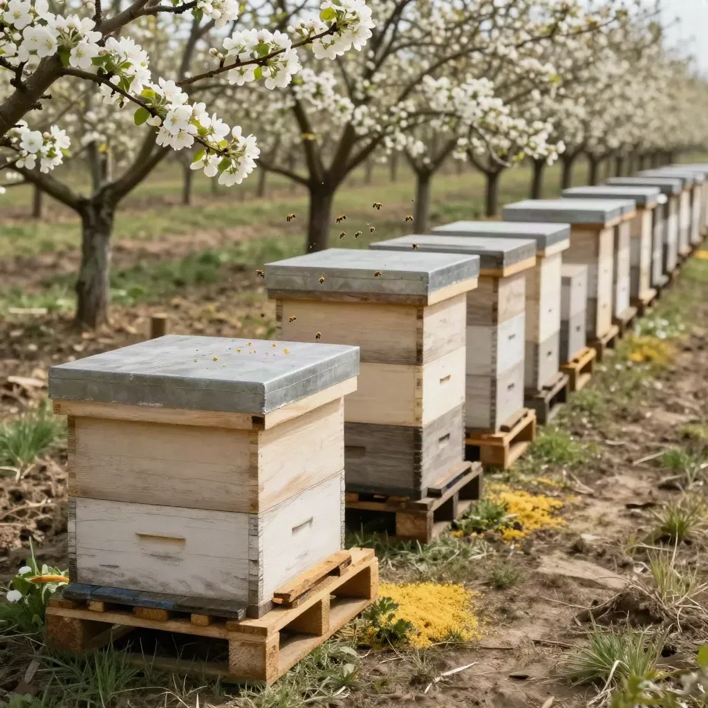 Twelve hive boxes line an apple orchard beside pallets, with blossom and pollen haze.