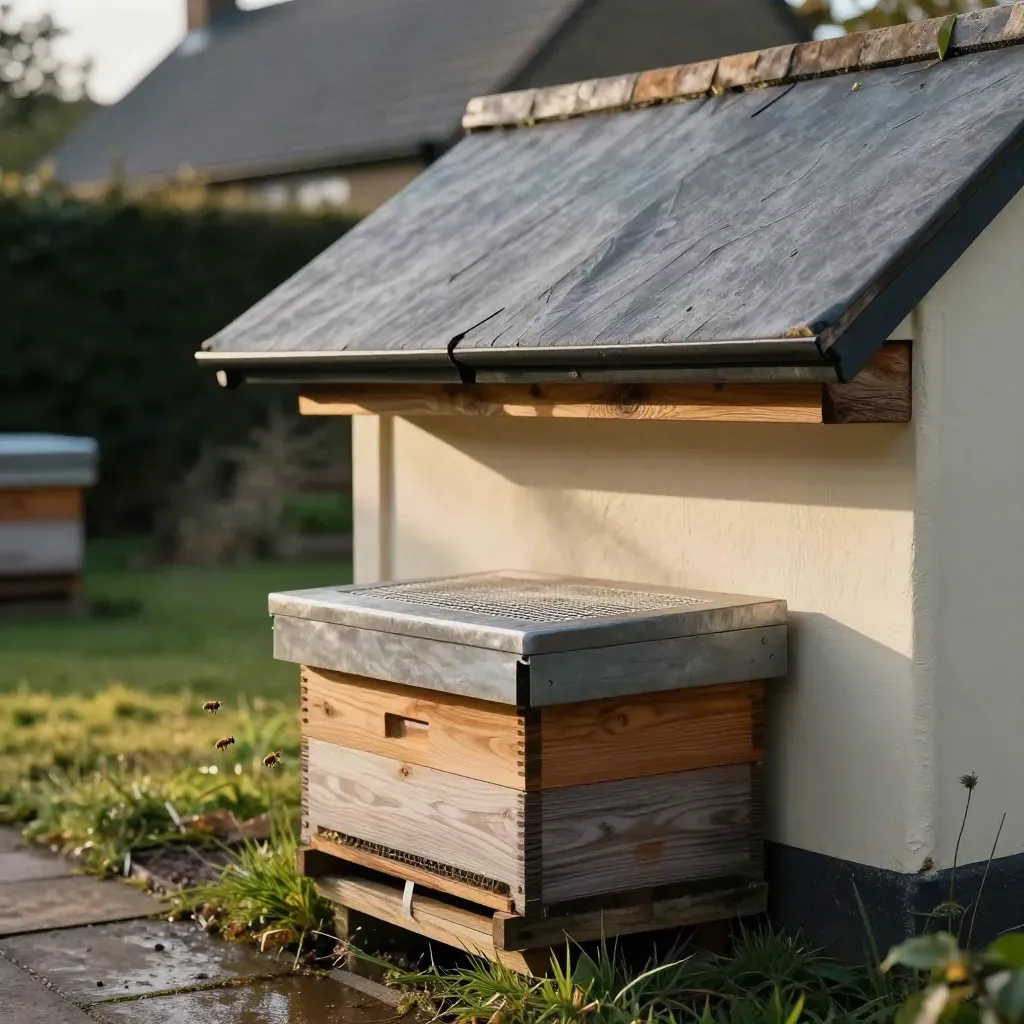 Patched roof eave above a secured swarm box on the lawn in warm late-afternoon light.