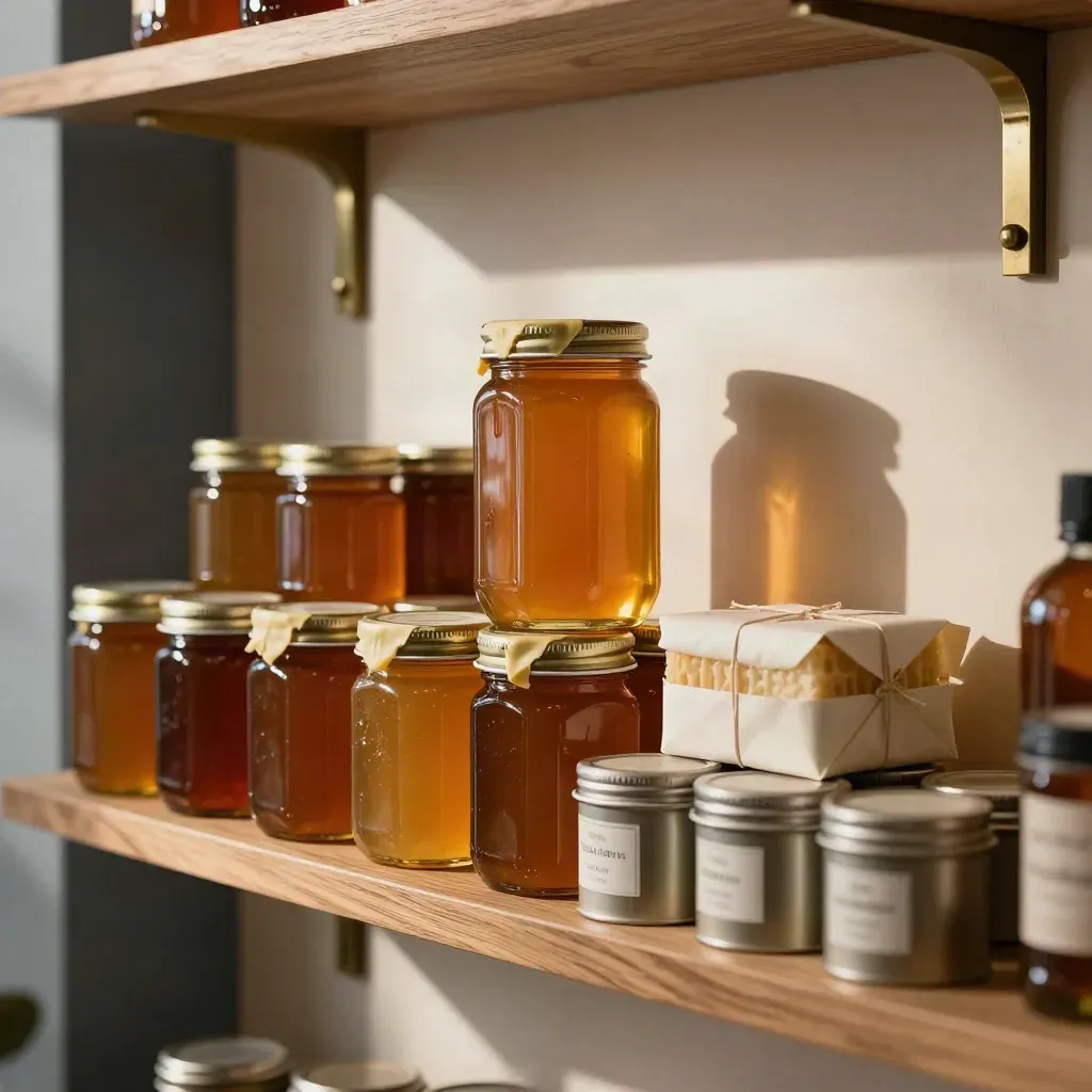 Stocked shelf of raw honey jars, beeswax blocks and balm tins in a warm retail interior.