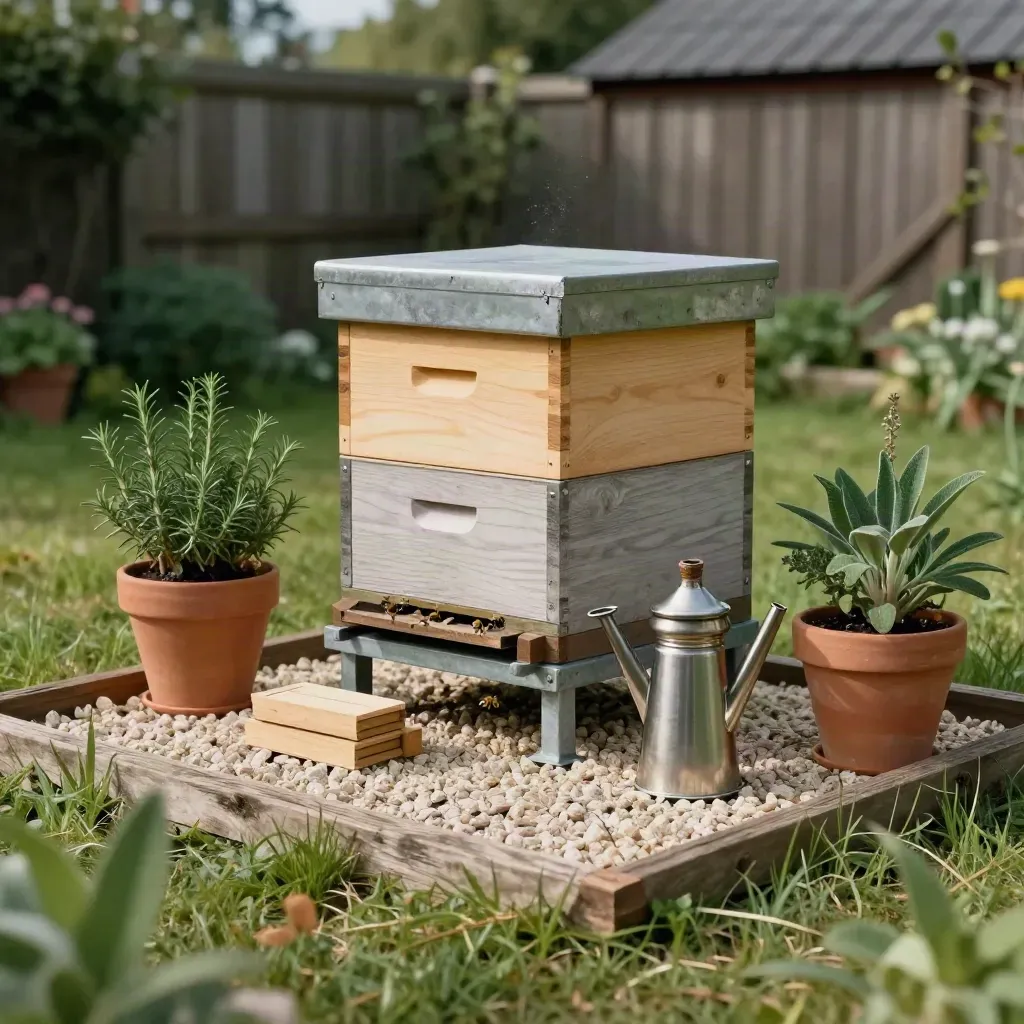 Beginner beehive, smoker, supers and herb planters in a calm garden bee corner.