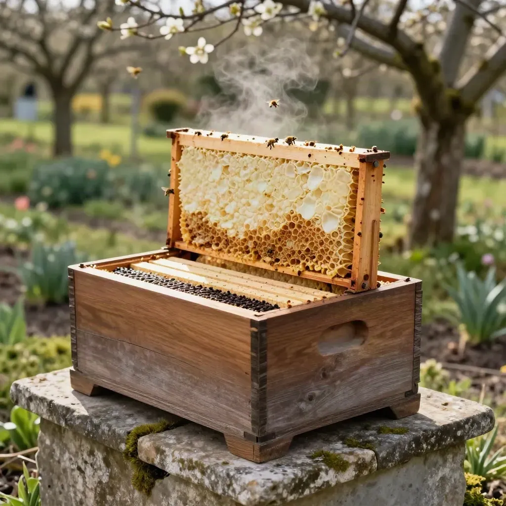 Two restored hive boxes with fresh frames and a mite board on stone, in cool spring light.
