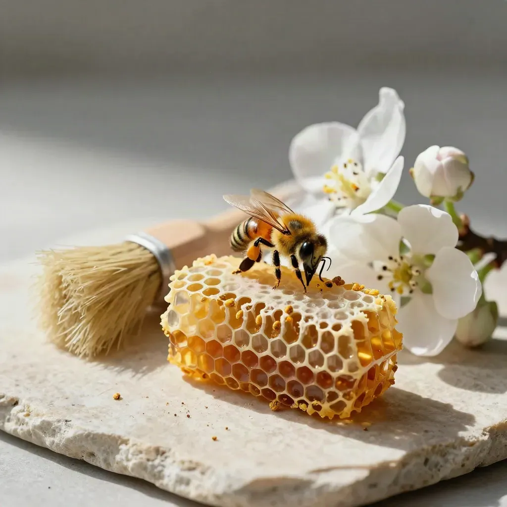Pollen-coated comb pieces, blossom sprigs, and a bee brush on pale stone under dramatic light.