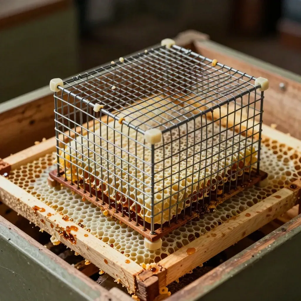 Queen cage on a mite board beside capped brood cells, seen in a tight macro crop.