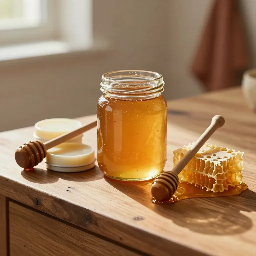 Raw honey jar, balm tins, dipper and comb wedge on an oak counter.