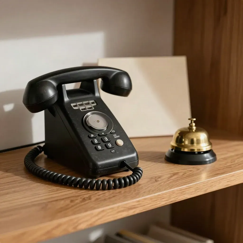 Weathered black handset and brass call bell on oak, softly lit in a calm contact still life.
