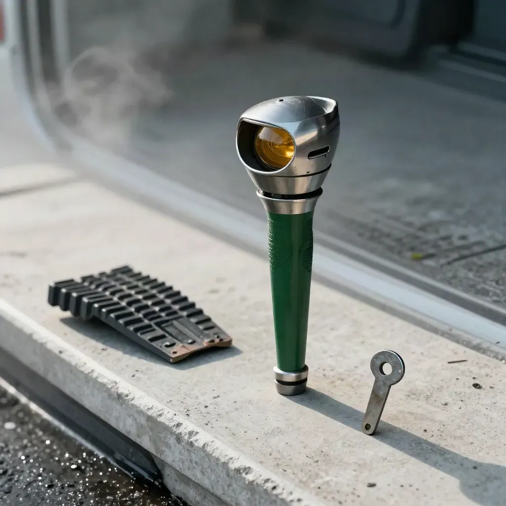 Field torch, hive tool, boot tread, and site pin on damp concrete in soft morning light