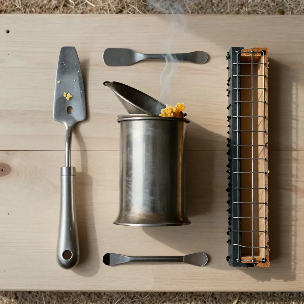 Overhead beekeeper tools on pale wood: smoker, hive tool, queen cage, frame grip.