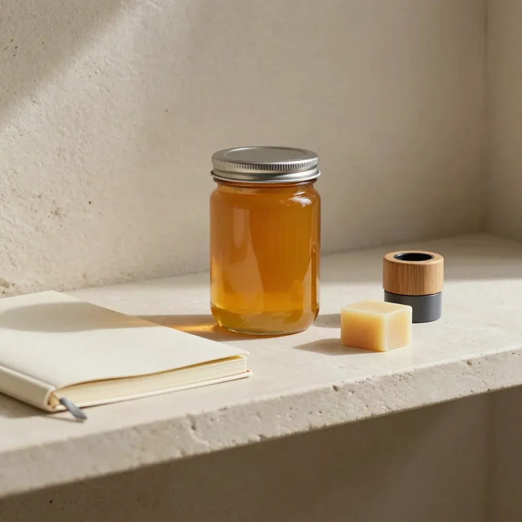 Honey sample jar, closed notebook, wax block and entrance reducer on cream stone.