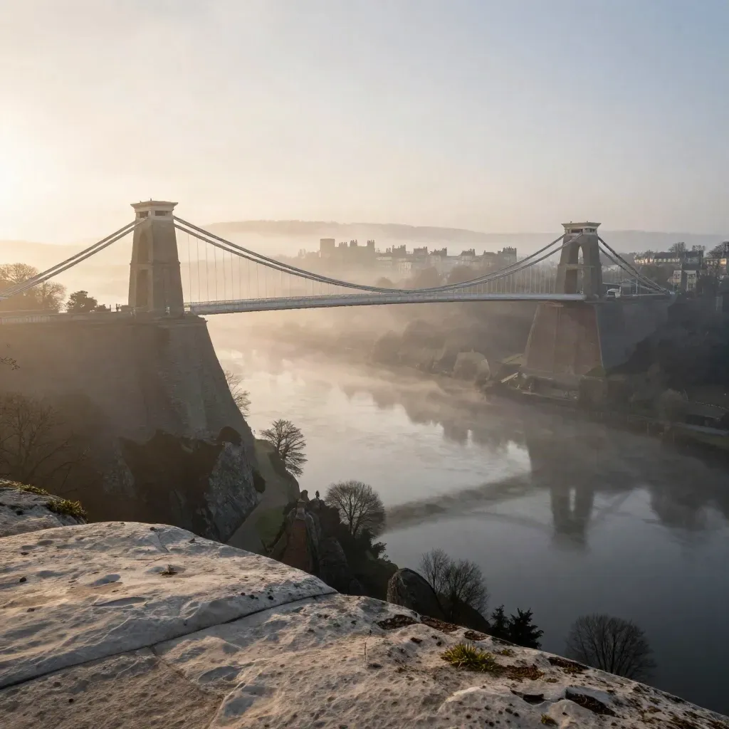 Clifton Suspension Bridge over Bath at sunrise, wrapped in warm mist.