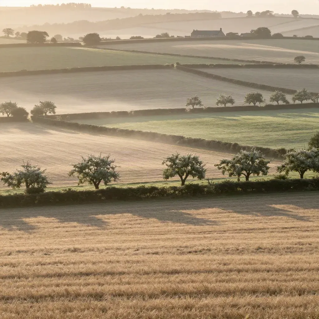 Misty Somerset fields, orchards and a stone farmstead in golden dawn light.