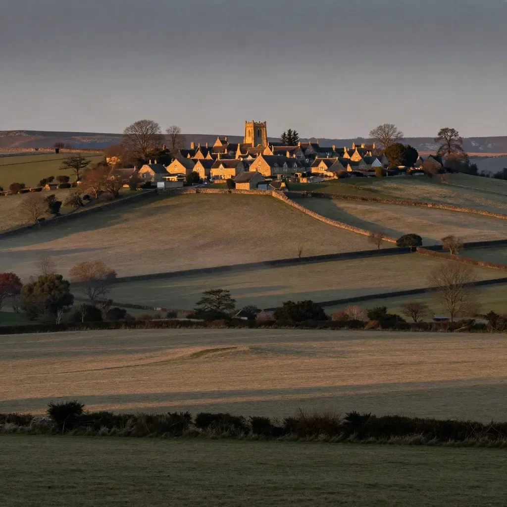 Golden Cotswold hills and a small limestone village ridge above a hazy valley at sunset