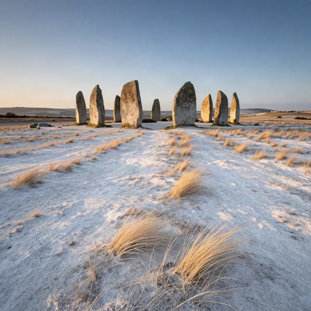 Avebury stone circle over chalk downs at sunset with open grassy foreground