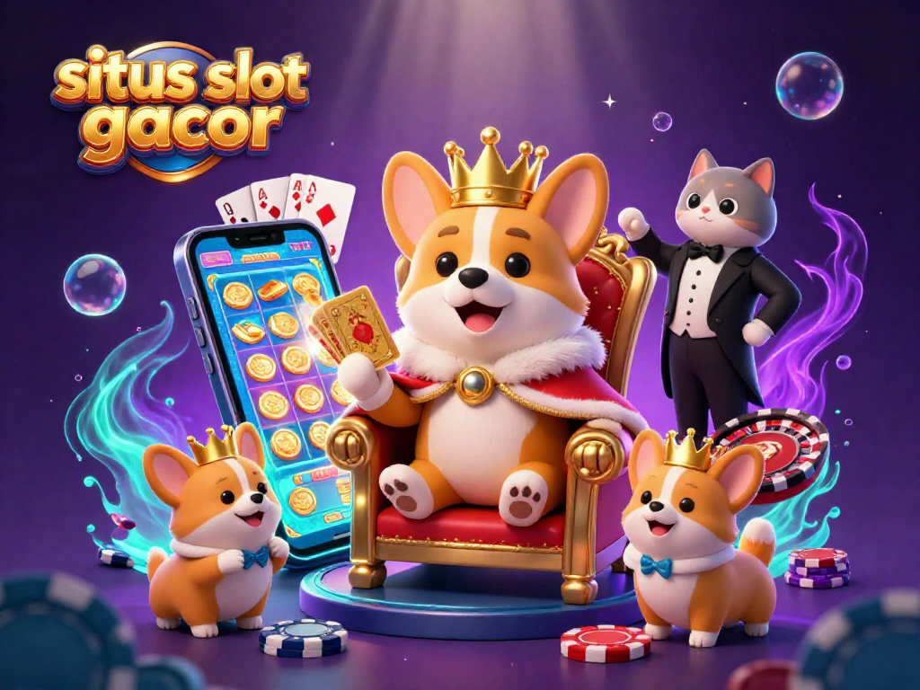 situs slot gacor shines with royal corgi on poker chip throne, colorful slots and casino elements