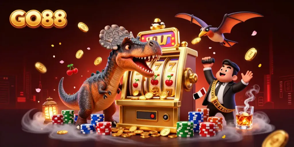 GO88's jackpot animation with vibrant characters and rich casino elements creating an engaging scene.