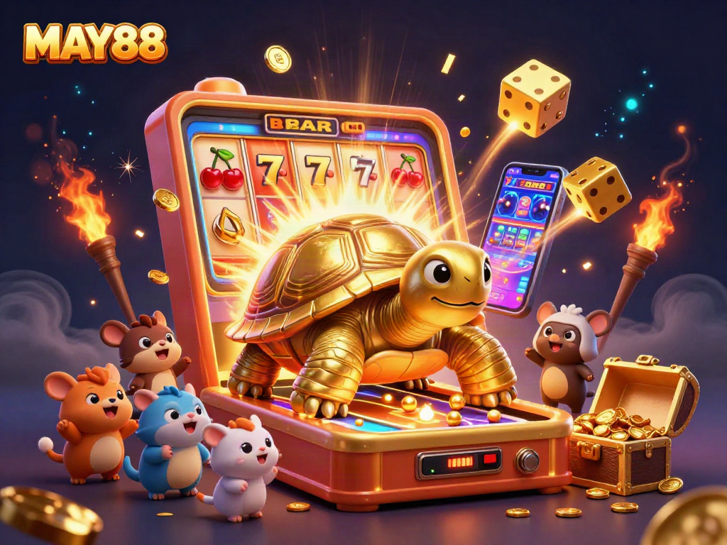 MAY88 engages players with a lively casino scene featuring a golden tortoise pinball, slot machine, and animated treasures.