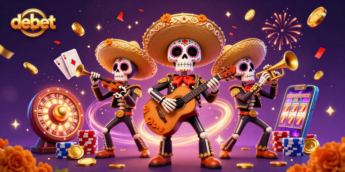 Engage in casino fun with debet’s animated mariachi band against a vibrant gaming backdrop.