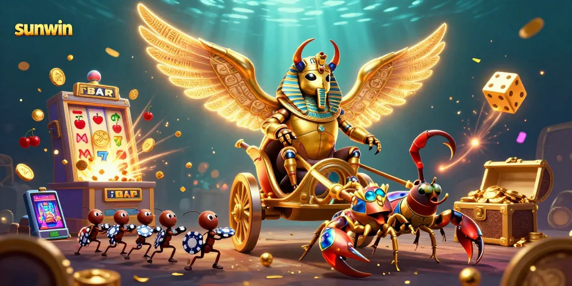 Experience thrilling wins at sunwin with a vibrant casino scene featuring a golden scarab and slot machine.
