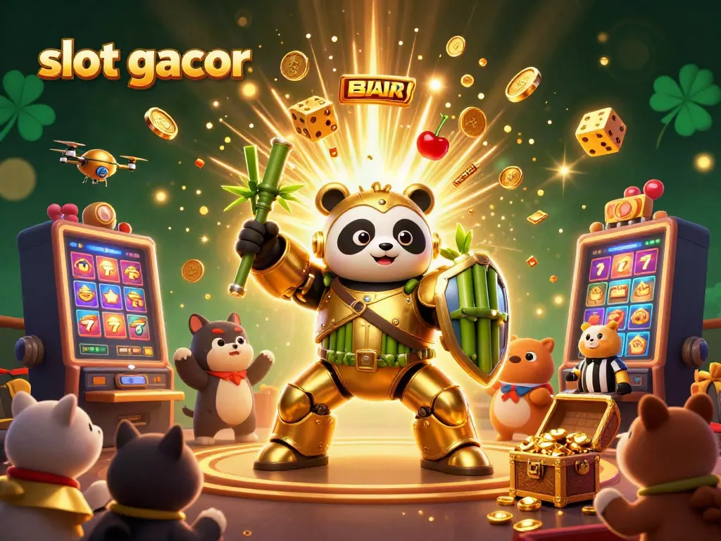Engage with slot gacor in a lively scene featuring a golden panda mech in a dynamic casino setting.
