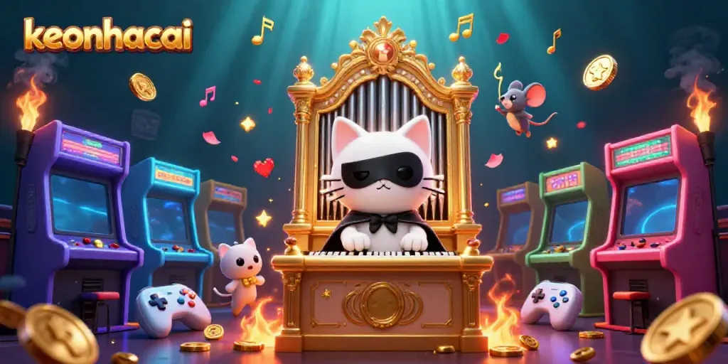 Engage in the fun of keonhacai with an exciting illustration featuring a phantom cat, mouse acrobat, and vibrant gaming elements.