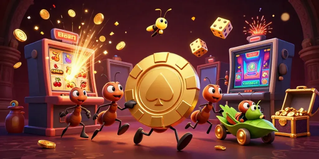 Experience thrilling wins at b52club with ants heisting a giant poker chip in a vibrant casino world.