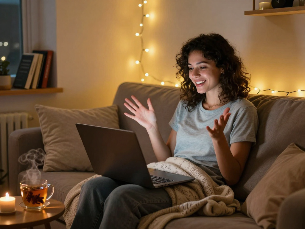 Cozy evening scene of someone engaging in sexchat on a laptop in a warm, inviting room.