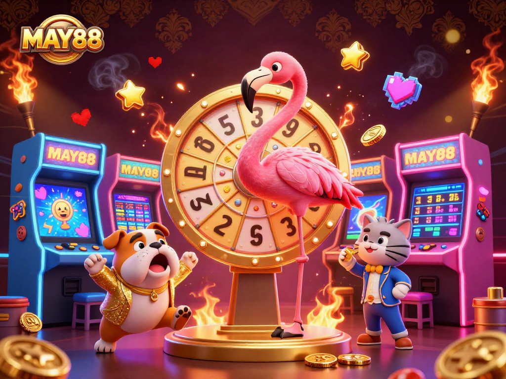 MAY88 engages players in thrilling casino entertainment with a vibrant game show scene featuring exciting characters celebrating wins.